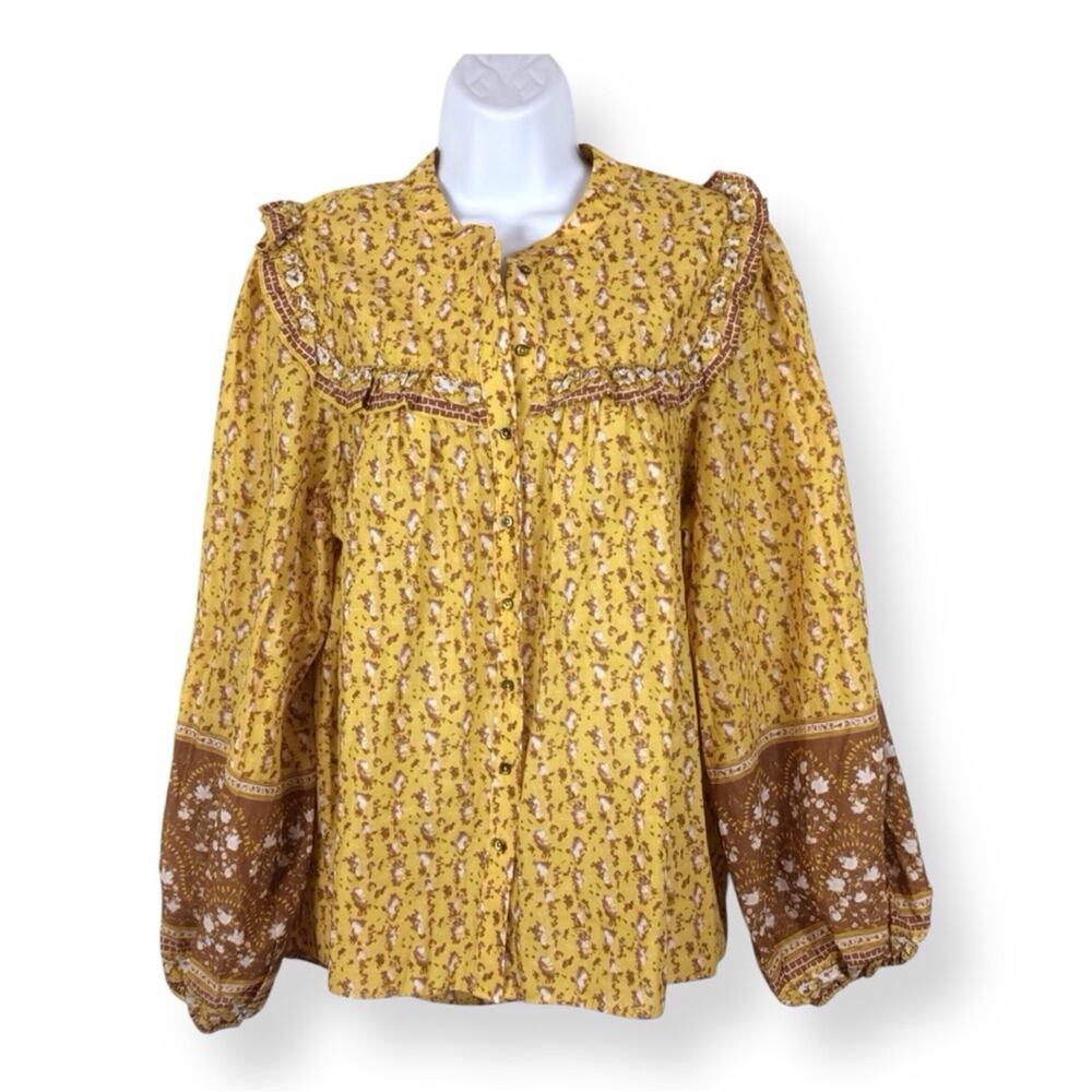 JOIE Puff Long Sleeve Floral Peasant Ruffle Yoke Blouse size L